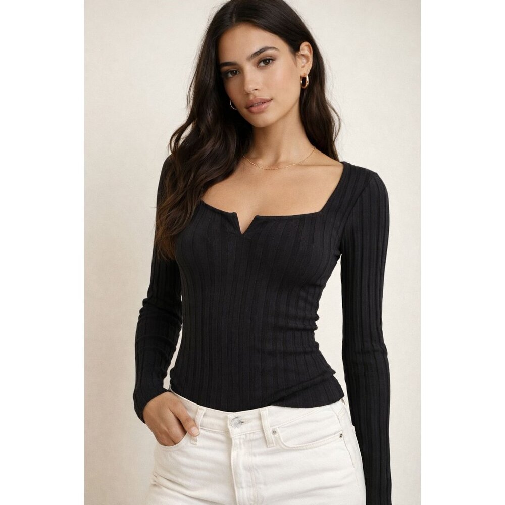 Reformation Womens Black top size Medium Tencel Square neck Long sleeve Stretch